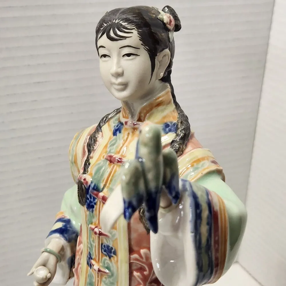 Vintage Chinese Shiwan Porcelain Lady Statue Songbird & Feeding Bowl Figurine